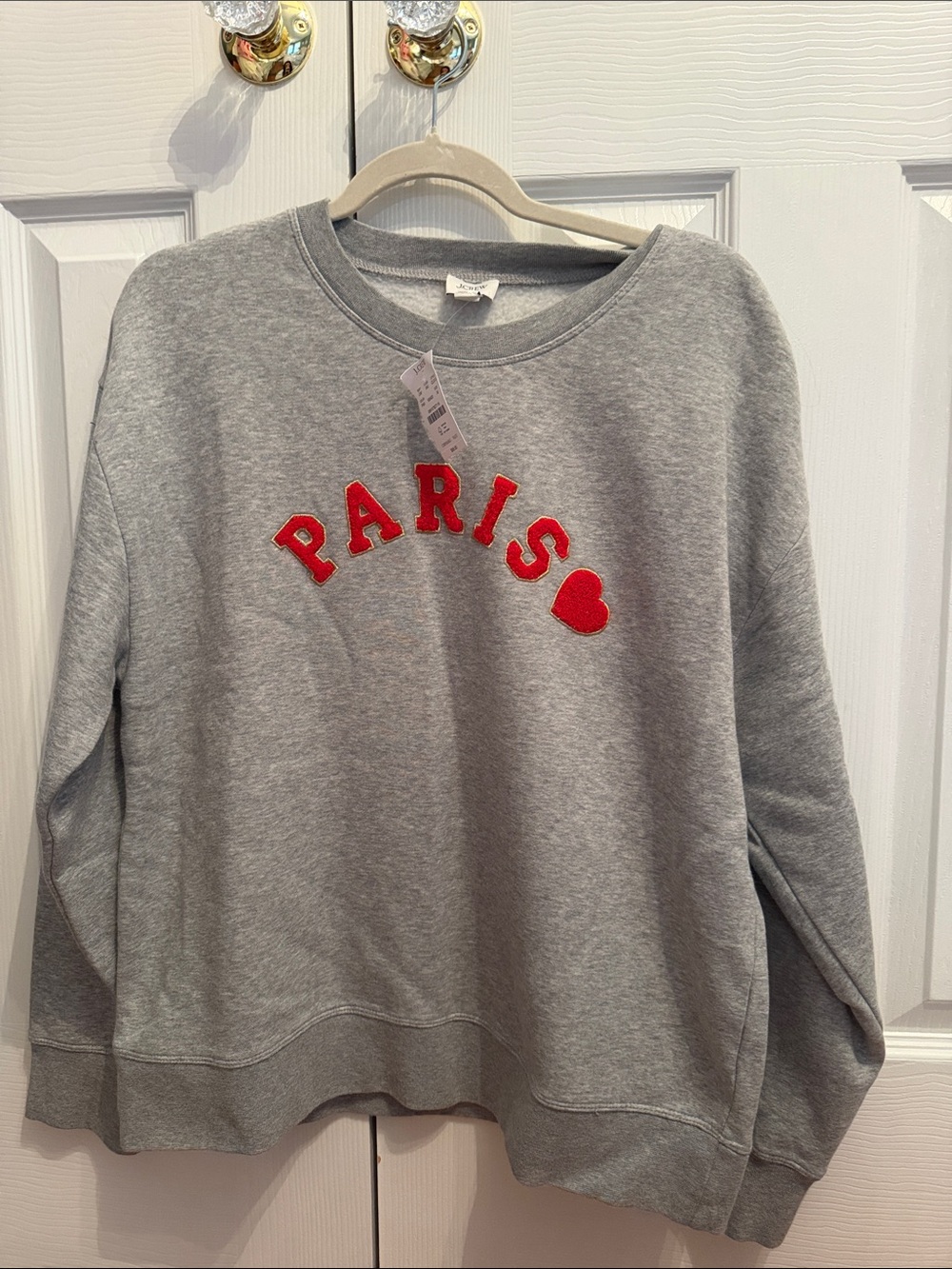 J. Crew Gray Crewneck Sweatshirt with Red 'PARIS' Appliqué and Heart